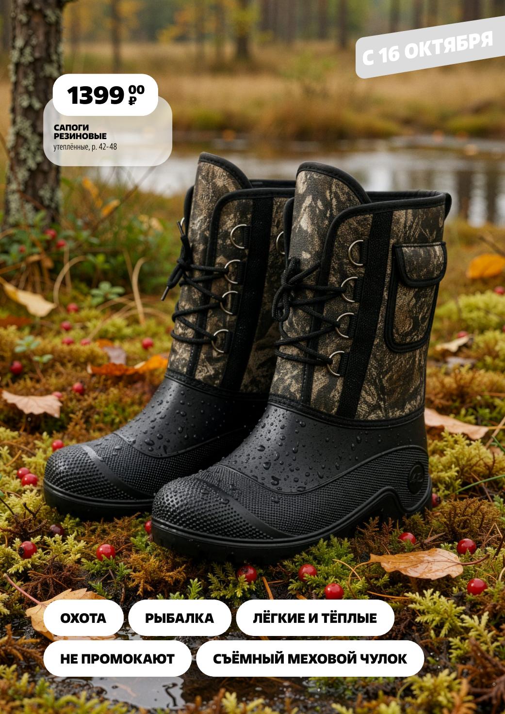 Сапоги резиновые утепленные за 1399р. Не промокают, съемный меховой чулок. Для охоты, рыбалки. Размеры 42-48.